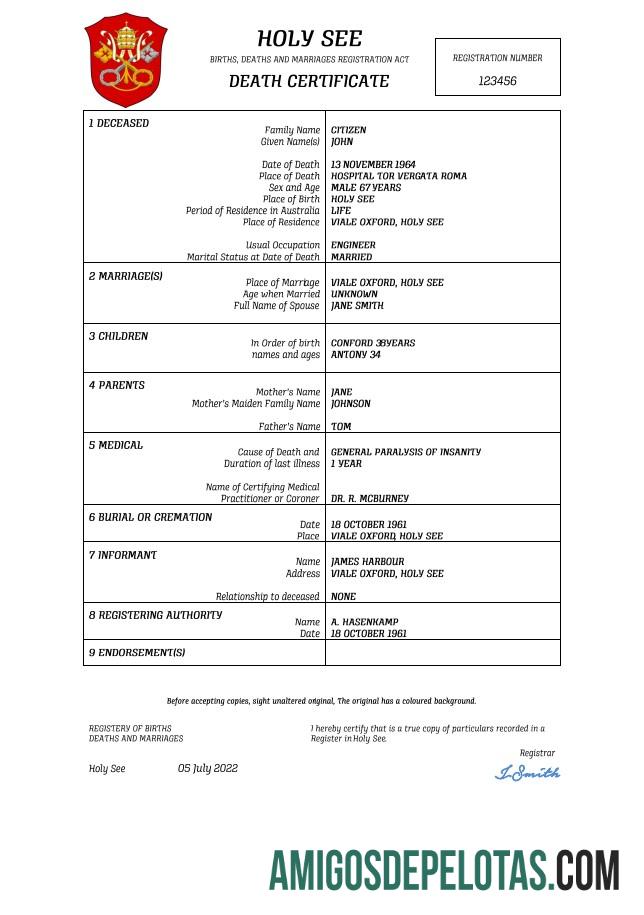 Realista modelo Word e PDF de certidão de óbito de registro vital da Santa Sé